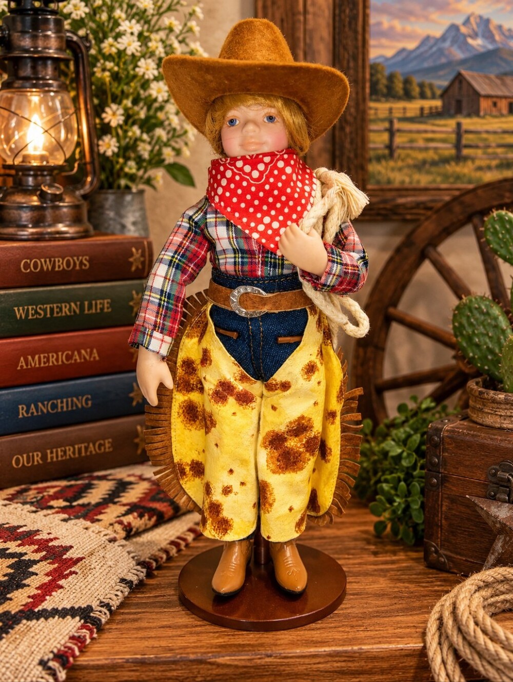 Vintage 1993 Avon Howdy Partner Cowboy Porcelain Doll 9.5” w Stand